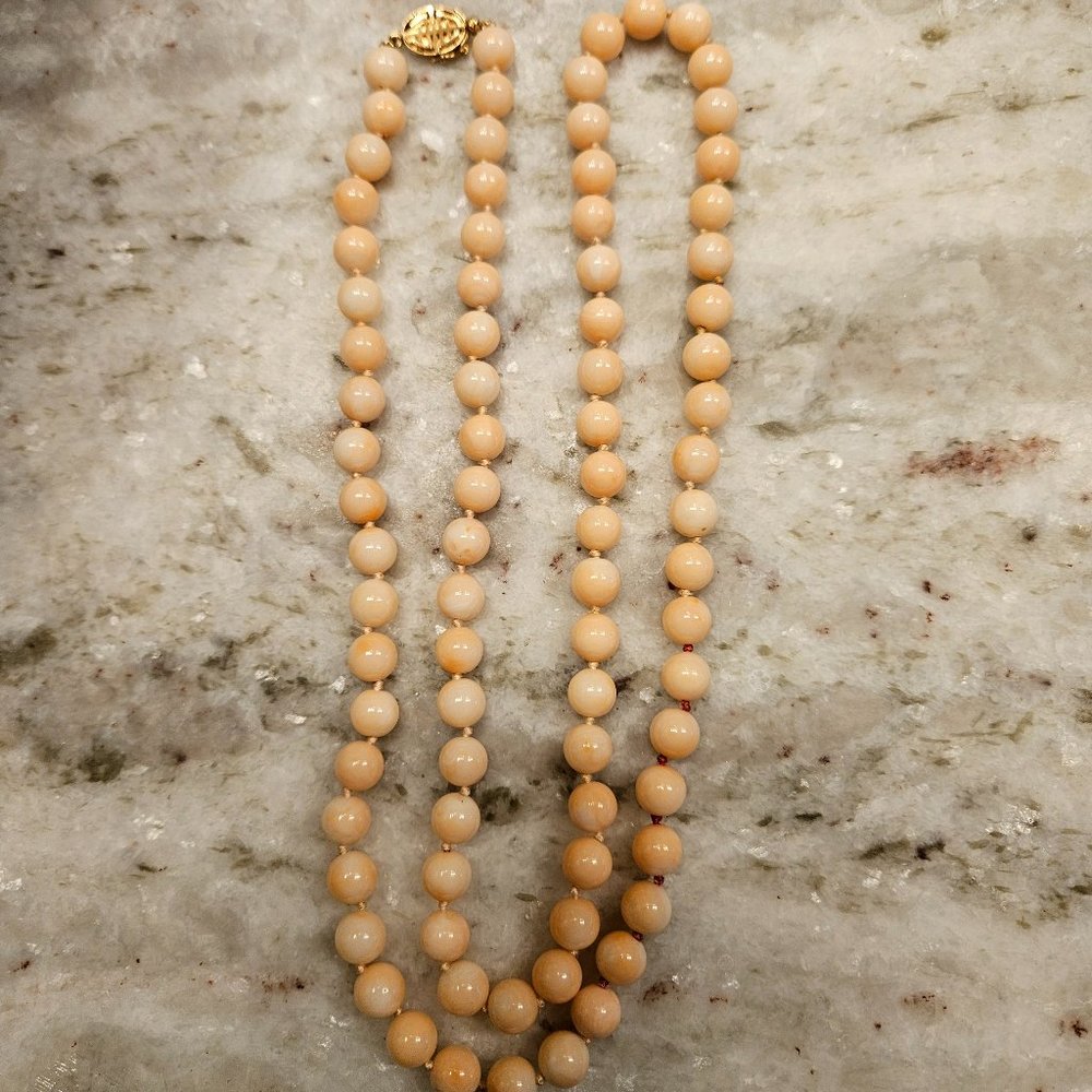 RARE VINTAGE ESTATE ANGEL SKIN CORAL 14K GOLD 31" CHINESE SHOU NECKLACE STRAND